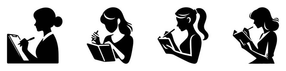Modern Minimalist Woman Writing in Book Icon, Flat Silhouette of a Half-Body Figure Vector for Study Illustration Design