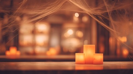 Haunted bar interior blurred flickering candlelight with glowing spider webs overhead