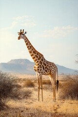Obraz premium Tall giraffe standing calmly in dry savannah landscape with distant rocky hills and clear sky