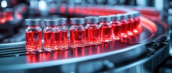 Glass vials filled with red liquid arranged in a high-tech conveyor belt system, illuminated by bright, focused industrial lighting conveying precision and efficiency