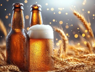 Two cold brown beer bottles and a frothy glass of beer surrounded by golden wheat stalks with warm glowing light in the background
