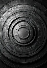 concentric circular stone steps spiraling downward with detailed textured surfaces in monochrome