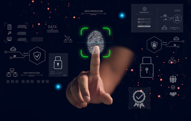 Man using fingerprint biometric authentication for cybersecurity and data protection. The futuristic UI shows icons for network security, access control, and digital privacy compliance.