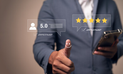 Customer gives a thumbs up and a 5-star rating for an excellent service experience. The 5.0 score and positive feedback icons symbolize the best review for business satisfaction.