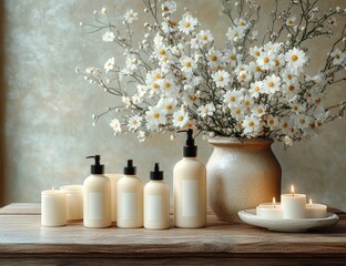 Arrangement of white pump bottles, lit candles, and a large vase filled with white daisies on a rustic wooden table creating a calm and soothing atmosphere