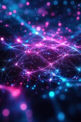 Abstract network of glowing pink and blue points connected by fine lines on a dark background, representing digital connections and futuristic data flow