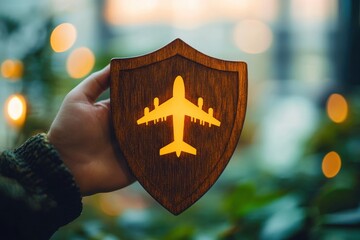 Hand holding a wooden shield with a glowing airplane cutout symbolizing protection and safety in air travel with a blurred natural background