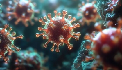 Close-up 3D illustration of multiple spherical virus particles with spike-like protrusions floating in a blue environment
