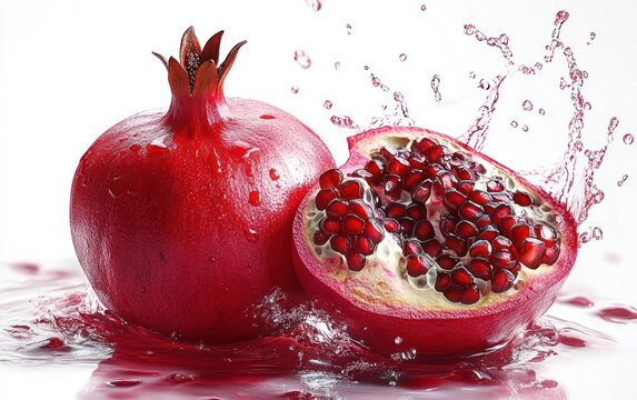 Fresh whole pomegranate next to a half-cut pomegranate with juicy red seeds and water splashing around on a white background conveying freshness and vitality
