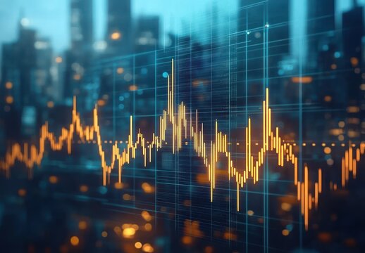 Glowing yellow financial data graph with fluctuating peaks and valleys overlaying a blurred cityscape background at dusk