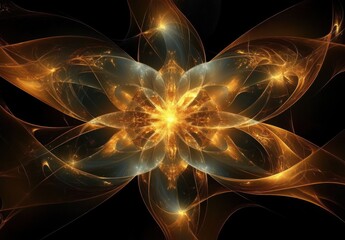 Radiant glowing fractal resembling a symmetrical fiery flower or star with swirling golden and amber light patterns on a dark background