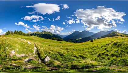 Naklejka premium Panoramic view of a lush green meadow, mountains, and blue sky with clouds