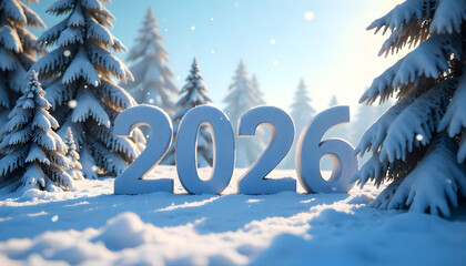 3D WELCOME 2026 Text in a Snowfall Winter Wonderland with Shimmering Snow, Cinematic Lighting, and Magical Whimsical Atmosphere.