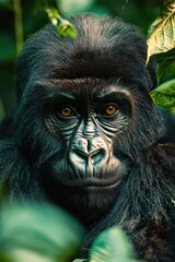 Obraz premium Close-up of a young gorilla with intense amber eyes surrounded by green foliage, displaying a calm and contemplative expression