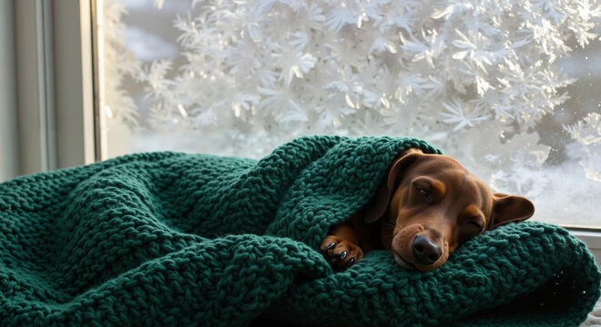 Sleeping dog wrapped in a green blanket near frosty window during winter
