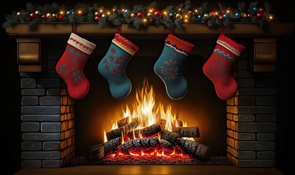 Cozy festive fireplace with burning firewood and four colorful knitted stockings hanging from a decorated wooden mantel adorned with evergreen garlands and glowing lights
