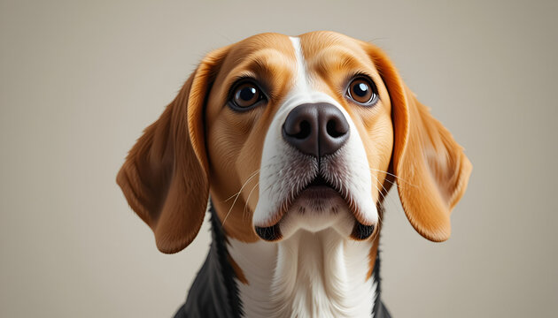 A closeup portrait of a beagle dog with a neutral background behind it