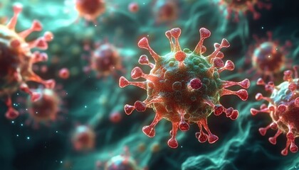 Detailed close-up illustration of viral particles with spike proteins floating in a fluid environment, representing microscopic virus structures