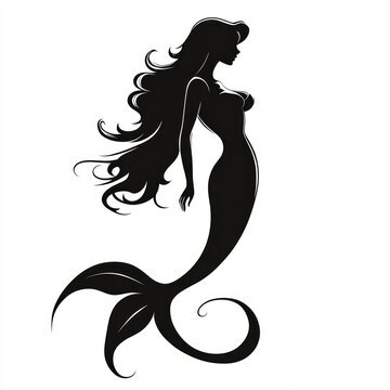 silhouette of a mermaid with long flowing hair and a curved tail against a white background