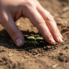 Planting Seedling with Hand in Soil Outdoor Gardening