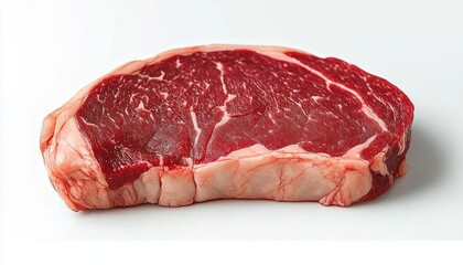 Fototapeta premium Fresh raw cut of red beef steak with visible marbling and fat on a white background