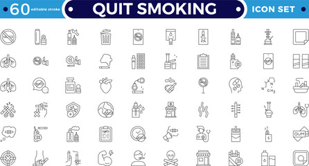 Quit Smoking outline icons. Includes stop, no smoking, tobacco, nicotine, addiction, danger, cancer, and health risk pictograms. Editable stroke outline icon. 