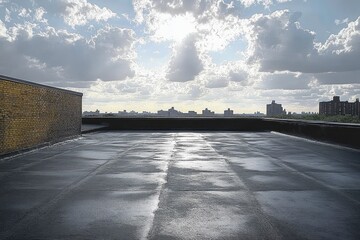 Empty rooftop with wet dark surface reflecting light under dramatic cloudy sky with urban skyline in the distance