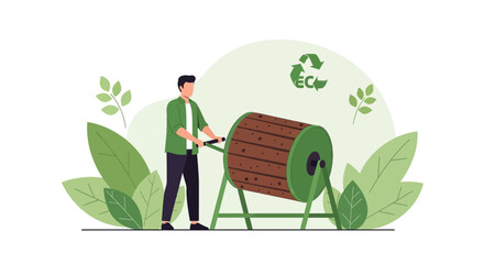 Person Turning Compost Barrel and Surrounded By Green Foliage in Nature Scene