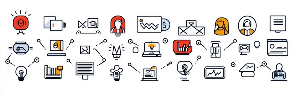 Set of colorful business and technology related icons including graphs, light bulbs, user profiles, emails, laptops, devices, and communication symbols connected by dotted lines on white background