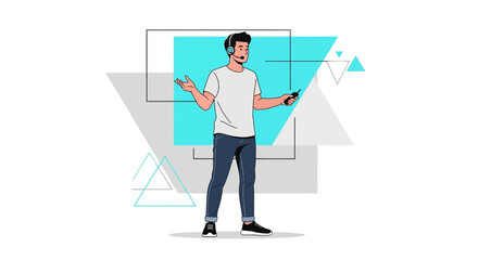 Presenter Demonstrating a Presentation with a Headset and Remote against Geometric Elements