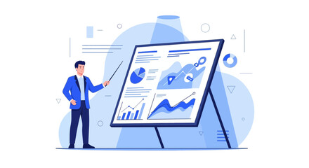 Presenter explaining business performance analysis metrics using charts on a whiteboard