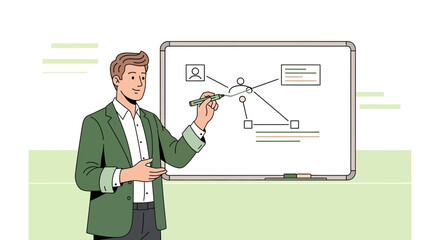 Presenter Explaining A Strategy Diagram Drawn On A Whiteboard During A Presentation