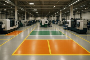 Modern industrial factory interior with clean layout, colorful floor markings, advanced CNC machines and bright overhead light background. Ai generative
