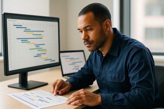Business analyst focused on project planning charts on computer screens and paper in modern office environment with natural light background. Ai generative