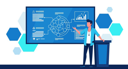 Presenter Gives Presentation Regarding Data Analysis Charts and Technological Diagrams Displayed