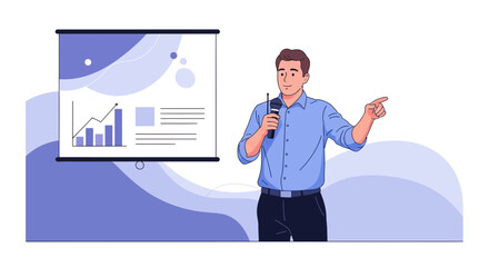 Presenter Giving A Business Presentation With Data Information and Pointing Forward With His Hand