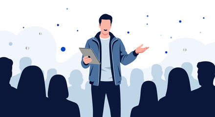 Presenter Giving Exposition In Front Of A Crowd, Sharing Information Seamlessly and Eloquently