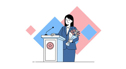 Presenter Holding Flowers Standing Behind Podium with Microphone Ready to Speak Professionally