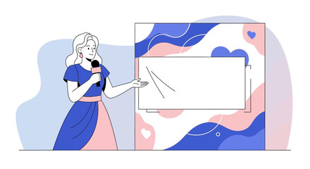 Presenter Holding Microphone And Pointing Towards A Screen In An Abstract Setting