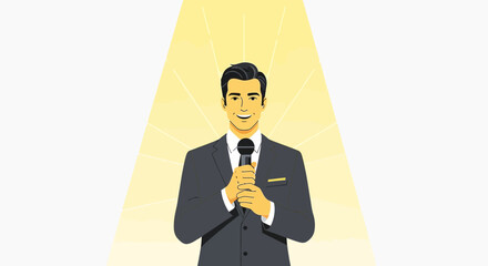 Presenter Holding Microphone Under Bright Spotlight Ready To Deliver a Speech Professionally