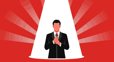 Presenter Holds Microphone Under Spotlight Illustration And Red Background Design Concept