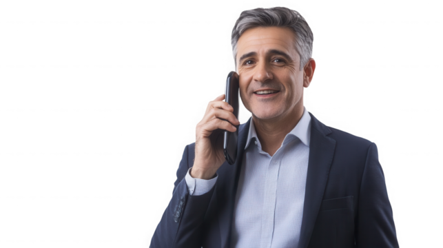 Man in a suit with gray hair holding a telephone receiver to his ear and smiling on black background on transparent background