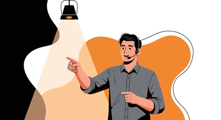 Presenter Pointing Under Spotlight With Headset Against Orange Backdrop And Abstract Shapes