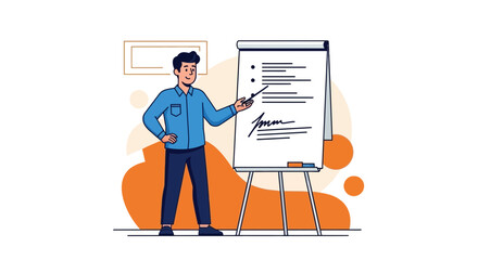 Presenter Points To Whiteboard During a Presentation, Illustrating Business Concepts and Strategies