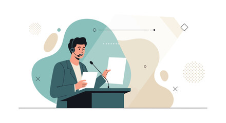 Presenter Speaking On Stage With Headset And Documents In Vector Style