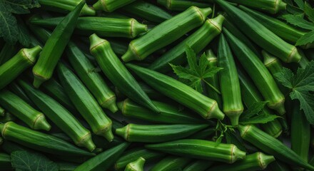Obraz premium Fresh okra pods close-up with green leaves