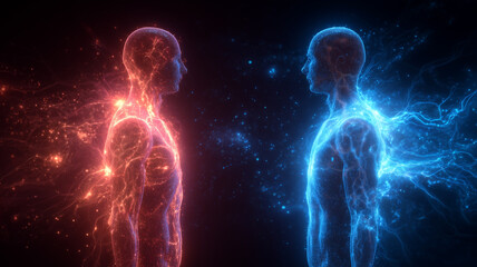 交感神経（赤・活発）と副交感神経（青・リラックス）の対比