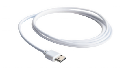 A close up view of a coiled white hdmi cable with connector on a dark gray surface in studio light on transparent background
