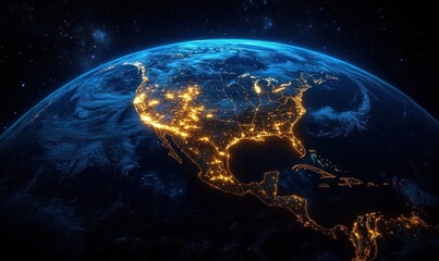 Obraz premium View of North America from space at night showing illuminated city lights and glowing coastlines with a partially visible Earth curvature and starry background