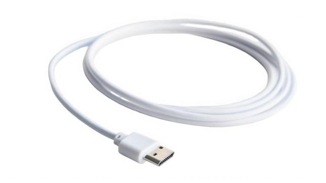 A close up view of a coiled white hdmi cable with connector on a dark gray surface in studio light on transparent background